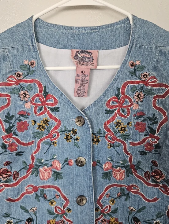 Cambridge Dry Goods Vintage Embroidered Denim Vest Blue Pink Women's Large Girly - Picture 3 of 5
